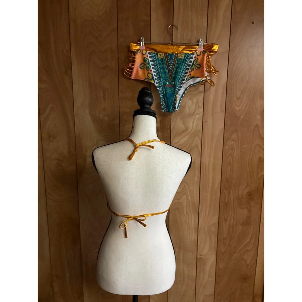 Zando Dashiki Print Strappy Bikini Set Metallic Gold Trim Teal Orange 3XL